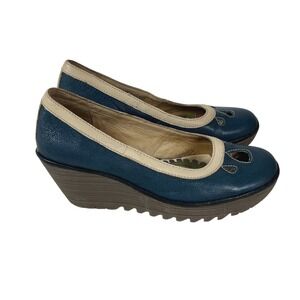 Fly London Womens Teal Leather Wedge Heels Cutout Detail Size 39 EU 8.5 US